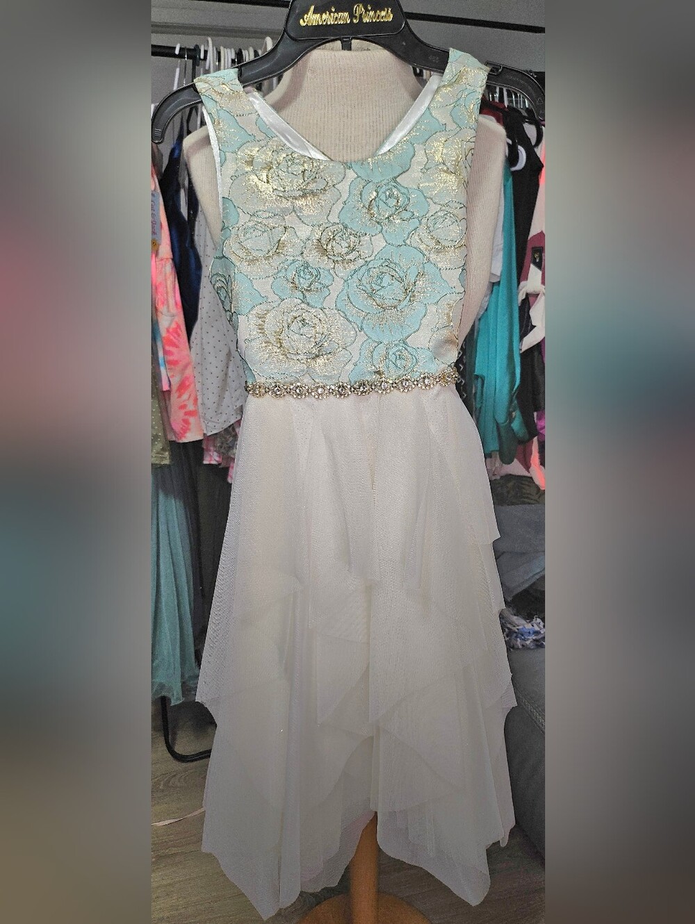 American Vintage Aqua Floral Lace & Ivory Tulle Party Dress with Jeweled Waist